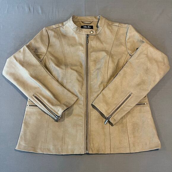 Faux Leather Moto Jacket - Tan/Mocha - Silver Zipped - Size XL - Picture 1 of 10